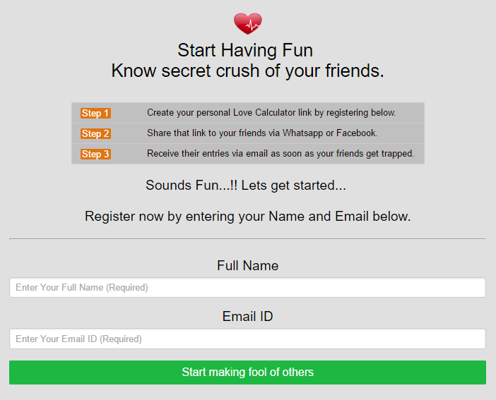 The Calculate Love Percent registration screen. Fill in your name and email address here.