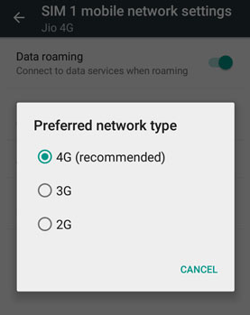 Select '4G' as the preferred network type.
