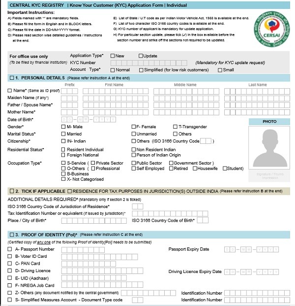 CKYC (Central KYC) application form.