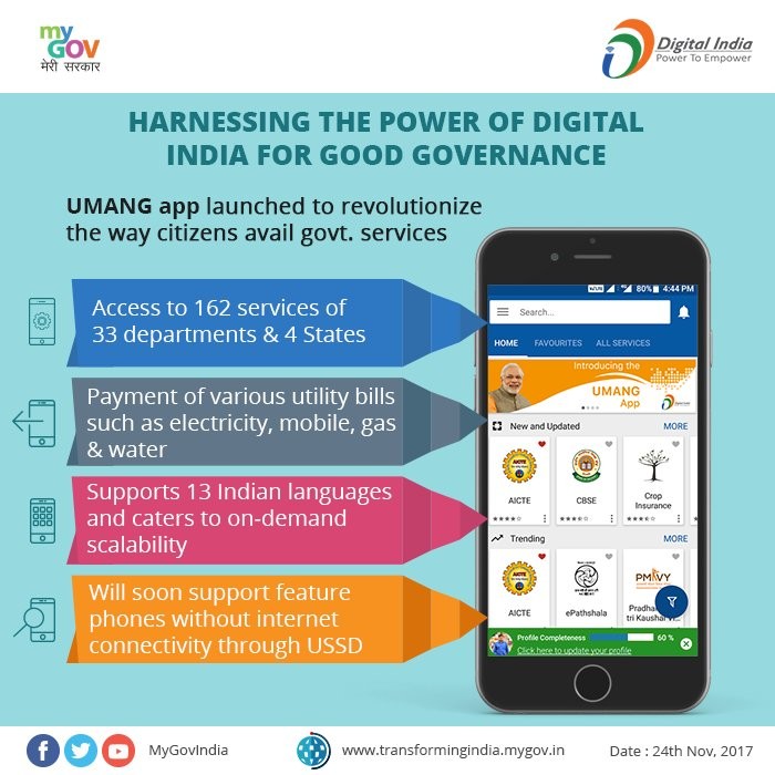 Services offered on the Umang app.