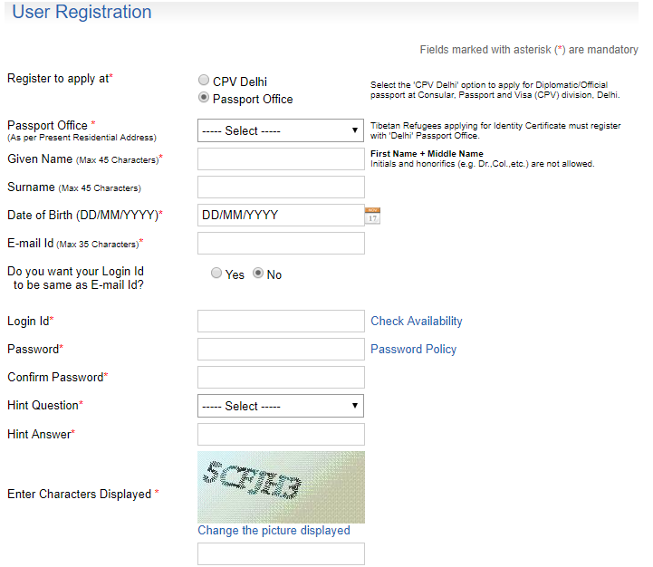 User registration for passport reissue.