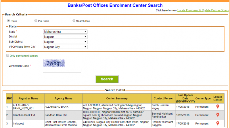 List of nearest post office/bank Aadhaar enrollment centers.